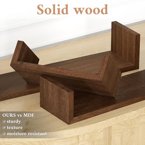 SRIWATANA Dark Brown Solid Wood Floating Wall Shelves Set of 3