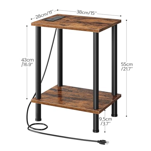Rustic Brown Side Table with Charging Station and Storage Shelves for Small Spaces