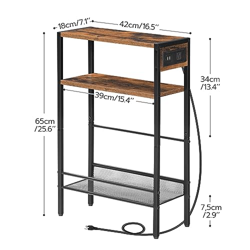 Slim Side Table with Charging Station and Storage Shelf, Rustic Brown - for Small Spaces