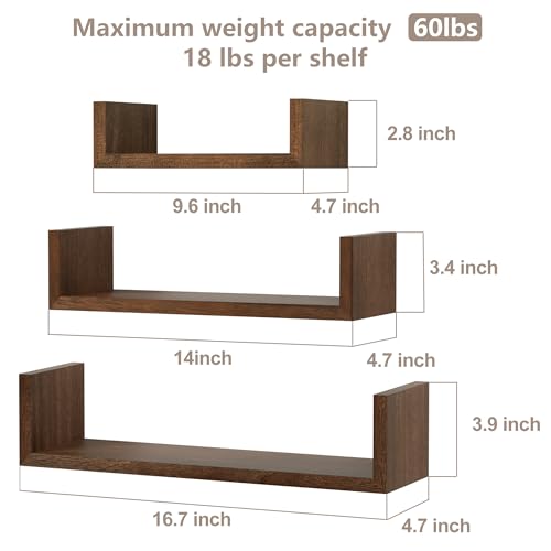 Floating Wall Shelves Set of 3, Solid Wood, Dark Brown - For SRIWATANA
