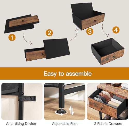 Rustic Brown 4-Tier Shoe Rack with Drawers & Fabric Shelves - 9-12 Pairs