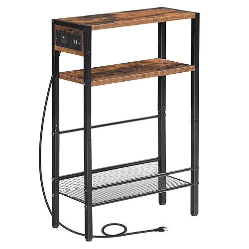 Slim Side Table with Charging Station and Storage Shelf, Rustic Brown - for Small Spaces