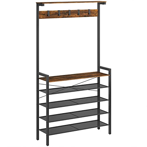 Industrial Coat and Shoe Rack with Bench for Entryway, 5 Hooks, Rustic Brown