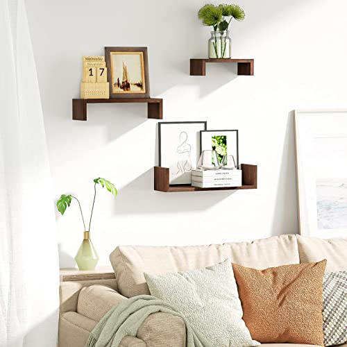 Floating Wall Shelves Set of 3, Solid Wood, Dark Brown - For SRIWATANA