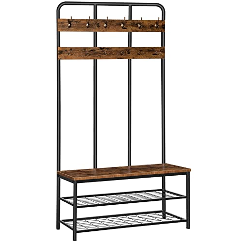 Entryway Hall Tree with Bench and Coat Rack, Rustic Brown