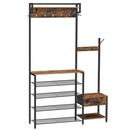 Rustic Brown & Black Hall Tree with Bench and Drawer
