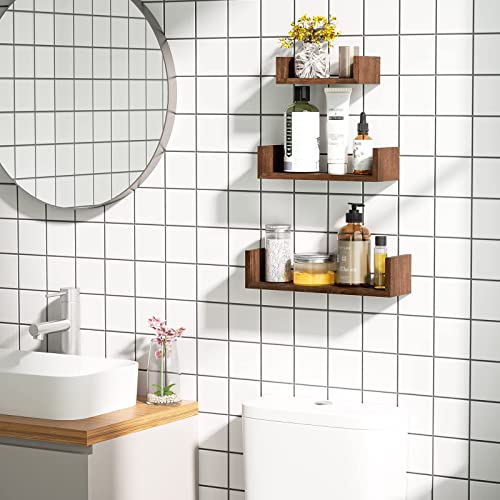 Floating Wall Shelves Set of 3, Solid Wood, Dark Brown - For SRIWATANA