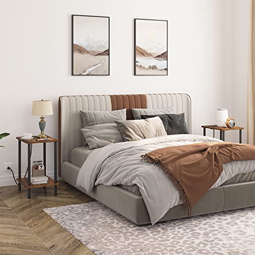 Rustic Brown Side Table with Charging Station and Storage Shelves for Small Spaces