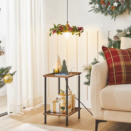 Rustic Brown Side Table with Charging Station and Storage Shelves for Small Spaces