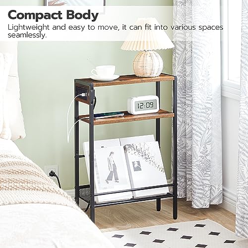 Slim Side Table with Charging Station and Storage Shelf, Rustic Brown - for Small Spaces