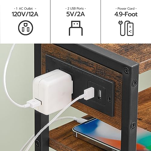 Slim Side Table with Charging Station and Storage Shelf, Rustic Brown - for Small Spaces
