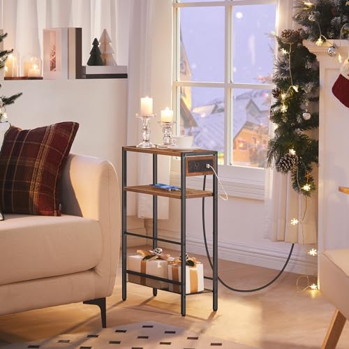 Slim Side Table with Charging Station and Storage Shelf, Rustic Brown - for Small Spaces